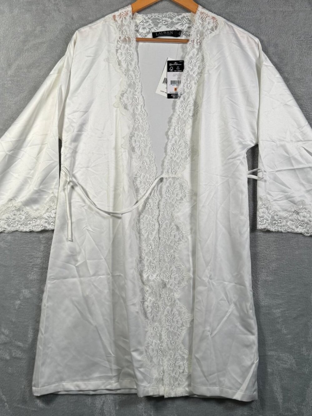 Lauren Ralph Lauren Robe Womens S Ivory Satin Lace Trim Essentials Short $80